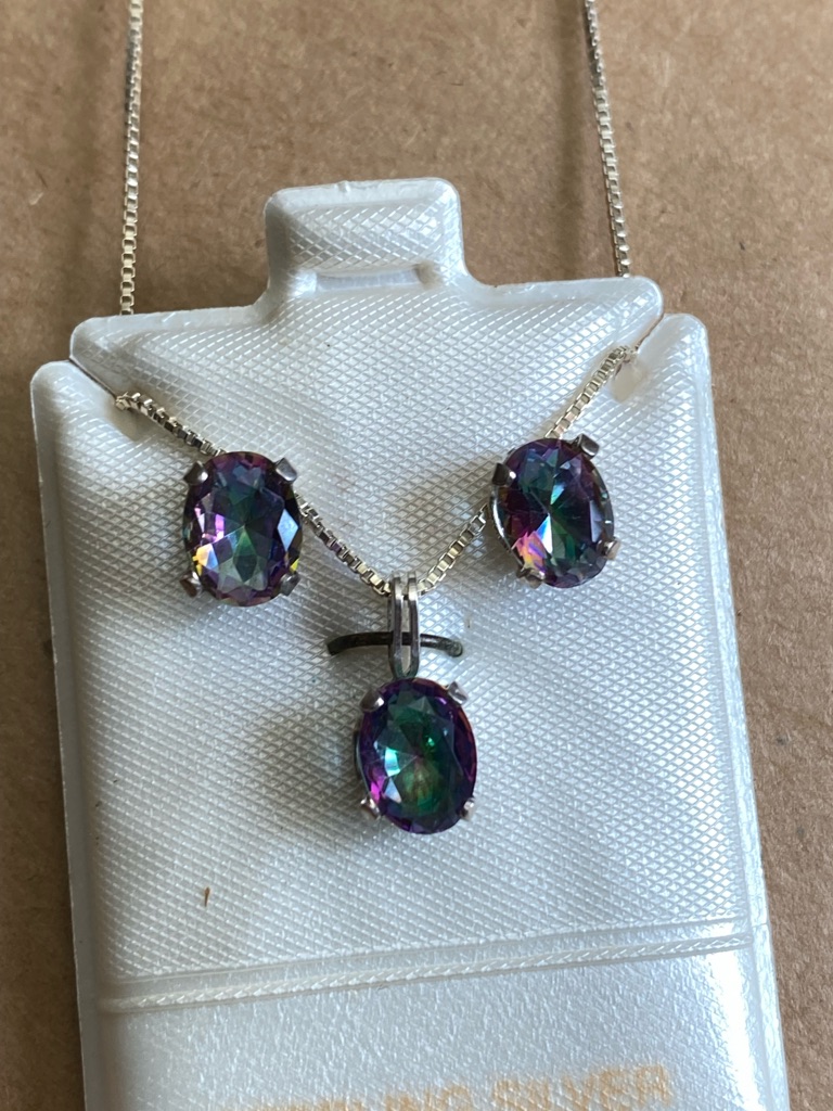 Nice Mystic Topaz Sterling Silver Pendant Necklace And Earrings.